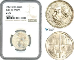 AI416, Brazil, 2000 Reis 1935, Silver, Duke of Caxias, NGC MS66 - Picture 1 of 1