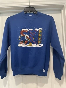 Vintage Christmas Russell Athletic Boys Girls Blue Crew Sweatshirt Youth L Ski - Picture 1 of 7