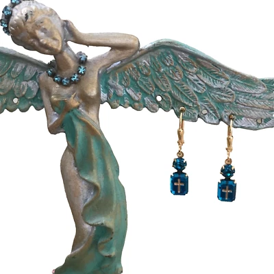Blue Zircon Itaglio Gold Cross Dangle Earrings by CurlanceCreations - Image 1 of 4