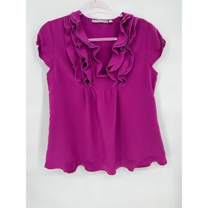 NY Collection Petite Ruffle Neck Top Short Sleeve Blouse Pink Raspberry PM - Picture 1 of 9