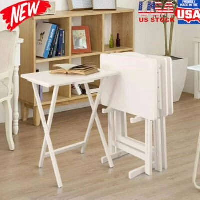 5 Piece TV Tray Table Set Stand Wood Portable Dinner Folding Snack Table Kitchen - Image 1 of 4