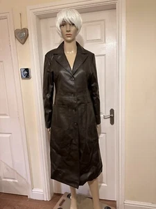 NWOT Stradivarius Womens Size Small Brown Faux Leather Midi Coat Pockets V Neck - Picture 1 of 23