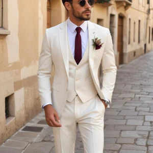 Men's Off White 3 Piece Suit Slim Fit 2 Button Elegant Wedding Dress for Groom - Picture 1 of 7