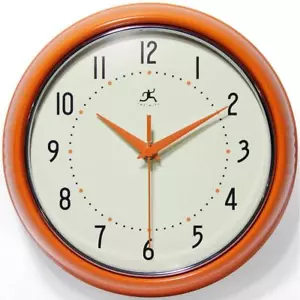 Infinity Instruments 9.5 in Orange Retro Round Metal Wall Clock Silent Quartz - Picture 1 of 5