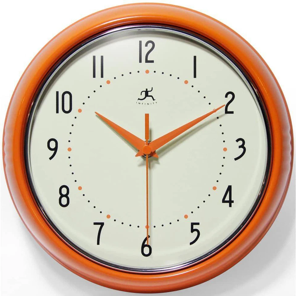 Infinity Instruments 9.5 in Orange Retro Round Metal Wall Clock Silent Quartz - Image 1 of 4