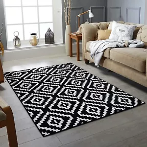 Modern Geometric Trellis Grey Black White Rug Contemporary Carpet Soft Pile - Picture 1 of 17