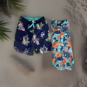 Lot Of 2-Boys Cat & Jack Hawaiian Swim Trunks & Place Hawaiian Shirt Size M (8) - Picture 1 of 7