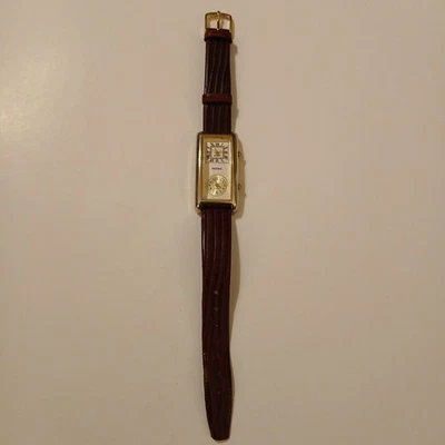 Reloj Rectangular De Colección Pedre Dual Time Mujer Tono Dorado Cuero Marrón Japón Movt Foto 1 de 4