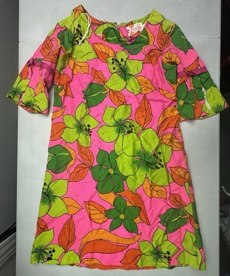 Maxi Vestido Vintage Años 60 Sears Moda Hawaiana Rosa Floral Tela de Corteza-37" Pecho M Foto 1 de 4
