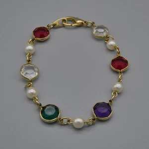 Vintage Lünette Set Kristall Faux Perlen Armband Multi Color Gold Ton Glieder 8,25" - Bild 1 von 14