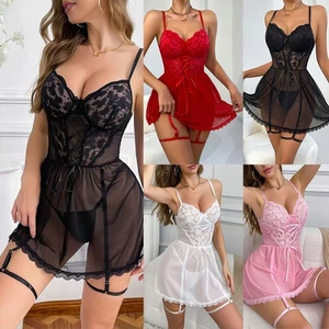 Set G-string bretelle donna lingerie sexy intimo pigiama abito pizzo rete☋ - Foto 1 di 28