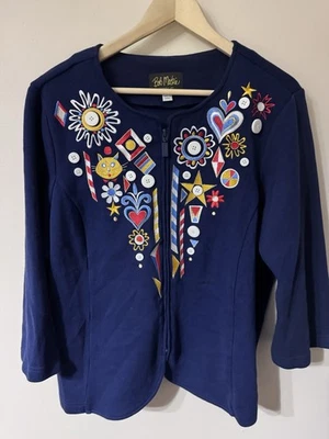 Suéter Bob Mackie Art Cat Heart Cadigan Azul Marino Cremallera Completa 1X Abuela Critter Core Foto 1 de 4