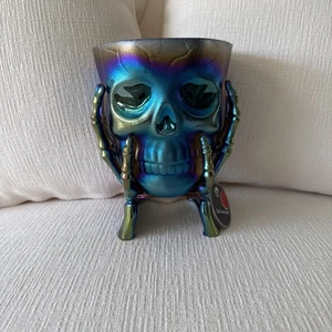 Halloween Skull Candy Bowl With Skeleton Hands Dish Rainbow Metallic 7x5in - Picture 1 of 4