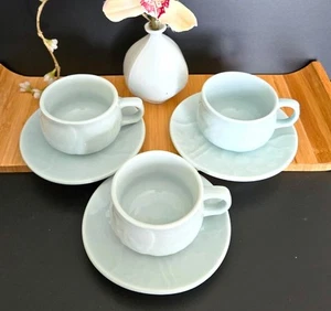 3 Set Celadon Coreano QUATTRO PIANTE GRAZIOSE Rare Tazze Sagunja Vintage con Piattini - Foto 1 di 23