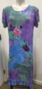 La Cera Tie Dyed/Floral Rayon Crinkled Pullover Ruffled Hem Dress,Relaxed Sz-L - Picture 1 of 7