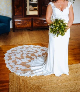 wedding dress, white, size 10 beautiful train. Lace top, almost backless - Picture 1 of 9