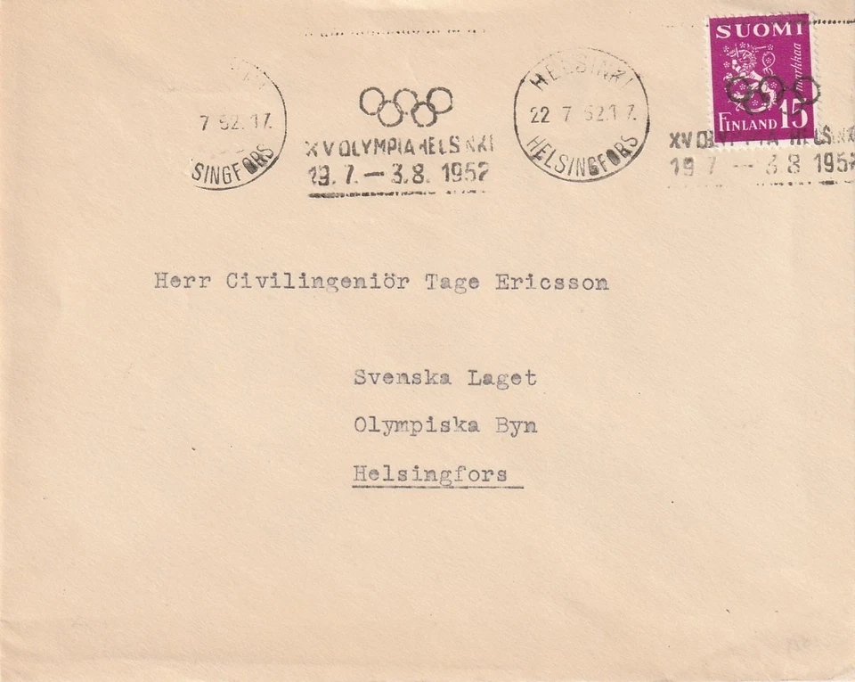 FINLANDIA: Cubierta Helsinki, Juegos Olímpicos 1952, cancelación de máquina. Foto 1 de 1