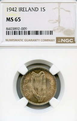 IRLANDA 1 CHELÍN PLATA 1942 MS-65 GEMA TORO IRLANDÉS BUEN TONO Foto 1 de 2