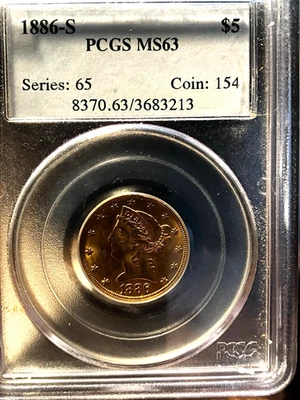 1886-S LIBERTY HEAD $5 GOLD HALF EAGLE PCGS MS63 - Image 1 of 4