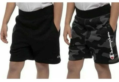 🩳 2 PACOTES Shorts Champion Boys MÉDIO 1 Preto 1 Cinza Camuflado French Terry Novo com etiquetas - Imagem 1 de 4