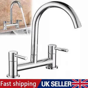 Modern Kitchen Sink Mixer Taps Swivel Spout Twin Lever Tap Mono Chrome Faucet UK - Picture 1 of 13