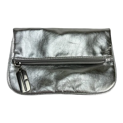 Clinique Womens Pouch Wallet Silver Zipper Snap Button Folding 6 X 3.5 - Image 1 of 4