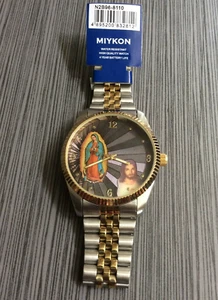 Miykon Two-Tone Men Watch Jesus & Virgen Mary Image Black Dial Arabic Hours New! - Picture 1 of 2
