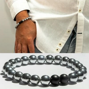 Bracciale elastico braccialetto argento donna sfere acciaio 100% agata nera 18cm - Foto 1 di 3