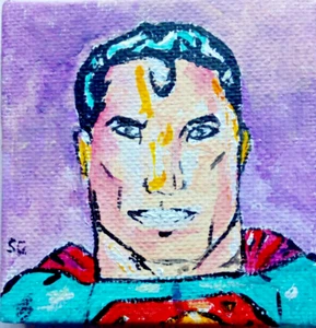 SUPERMAN "MINI MASTERPIECE" /ORIGINAL ACRYLIC CANVAS 7X7CM - Picture 1 of 1