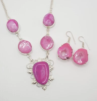 Collar y pendientes vintage de ágata de cuarzo rosa .925 de plata de ley 19"" - VS047 Foto 1 de 4