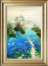 Gold Framed Oil Painting on Canvas, Blue Flower Hill Landscape, Max Yoon Signed 