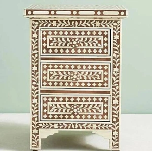 Bone Inlay Amira Classic Bedside Table Brown Floral Pattern 60x45x30cm - Picture 1 of 1