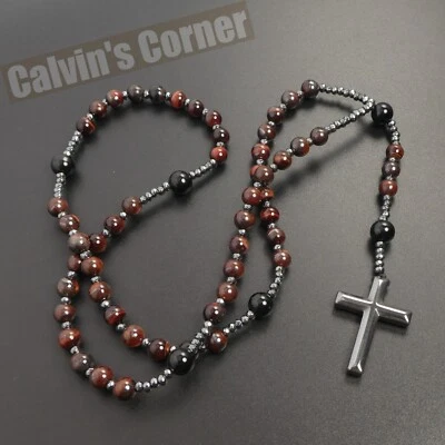 Red Tiger Eye Black Onyx Black Hematite Cross Rosary Necklace Men Women Gift - Image 1 of 4