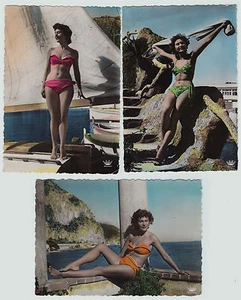 SUPER RPPC Set 3 - French Bikini Pinup Girl Model Hand Colored c 1940 Photos - Bild 1 von 5