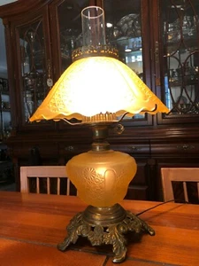 Vintage Mid-Century Amber Frosted Art Glass Shade & Vase Lamp, 19" Tall, 12" W - Picture 1 of 10