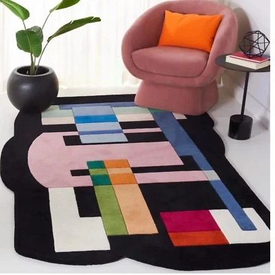 Hand Tufted Wool Rug Multi Color Black Irregular Shape Area Rug Modern Carpets - Image 1 of 4