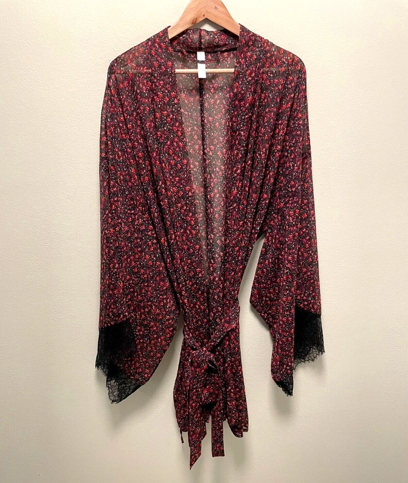 Cacique Womens Robe Plus Size 22/24 Floral Chiffon Lace Belted Sheer Romantic - Image 1 of 4