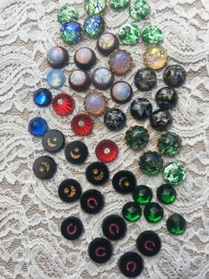 49 vintage~antique glass cabochons~8 with backs~marbled w/foil~multi color~sizes - Image 1 of 4