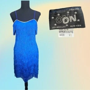 VTG 80's/90's ON ON Fashions Cobalt Blue Fringe Flapper Dress VTG Sz 11/13? - Picture 1 of 12