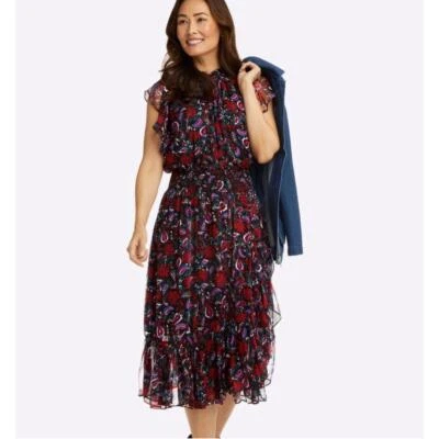 Draper James Kacey платье со сборками талии оборки трепетать цветочный пейсли Midi, XL - Изображение 1 из 4