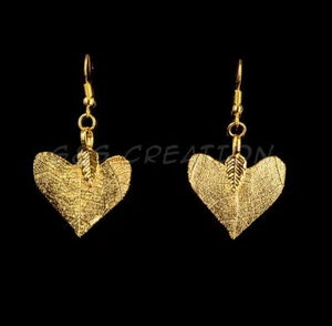 Real  Heart  Leaf Gold Plated Earrings - Picture 1 of 1