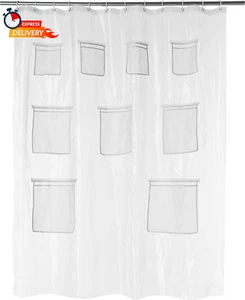 8-Gauge PEVA Shower Curtain or Liner with Mesh Storage Pockets - 72" X 72", Clea - Picture 1 of 12