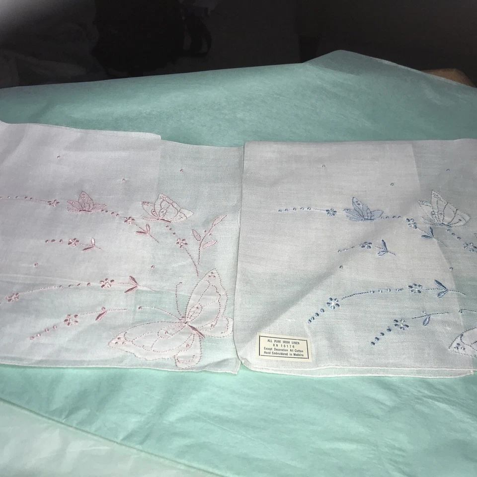 Ирландский льняной носовой платок бабочки дизайн бабочка винтажный Мадейра лот из 2 - Изображение 1 из 4