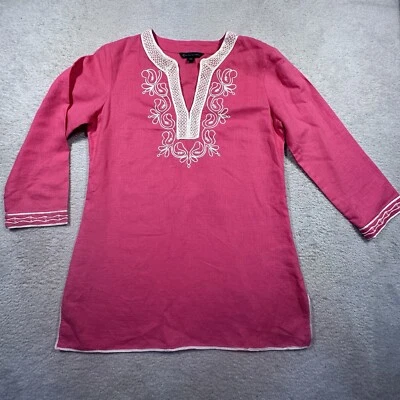 Brooks Brothers 刺绣亚麻束腰上衣女式 XS 亮粉色衬衫二手状况完好 — 第 1/4 张图片