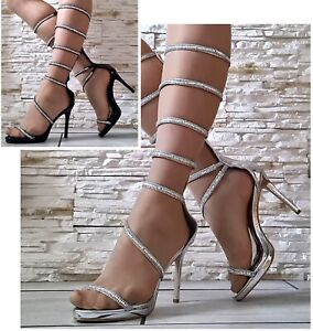 Womens Silver Black Long Knee Gladiator Boots Open Toe Strappy High Heel Sandals