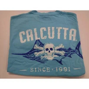 New Authentic Calcutta Short Sleeve Shirt Lagoon Blue/ Front Pocket/ Back Fish B - Picture 1 of 7