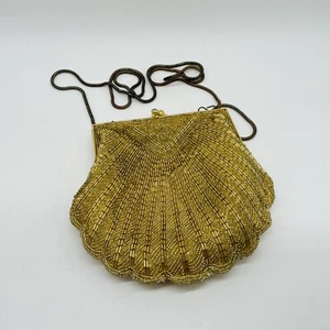 De colección 1970 Bechamel Cuentas Vieira Concha Marina Dorado Bolso de Noche Monedero Cierre de Beso - Imagen 1 de 4