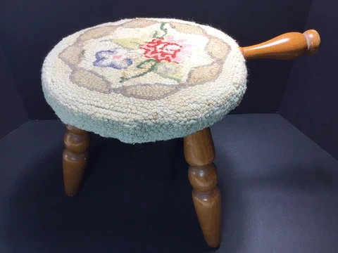 VTG 3 Leg Milk Stool Footstool El Segundo Calif Authentic wood products Hook Rug Cover