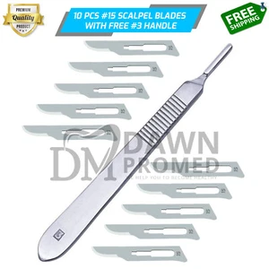 10 Sterile Surgical Blades #15 W/FREE BP Scalpel Handle #3 Medical Inst German G - Picture 1 of 6