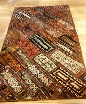 Vintage Indian Patchwork Tapestry KATCHI Mirror Rug, Handmade 3'x7' Tribal Art - Image 1 of 4